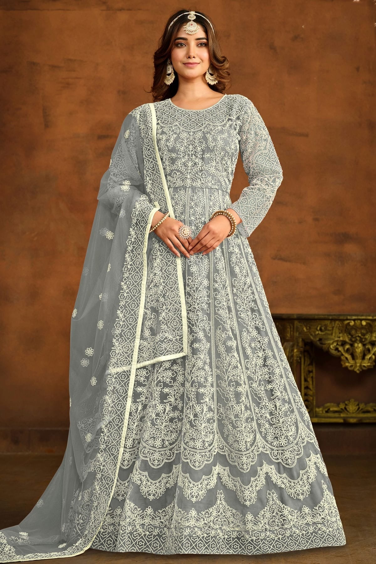 Grey Colour Semi Stitched Net Anarkali Suit SM1050444
