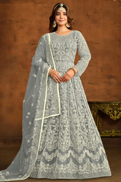 Grey Colour Semi Stitched Net Anarkali Suit SM1050444