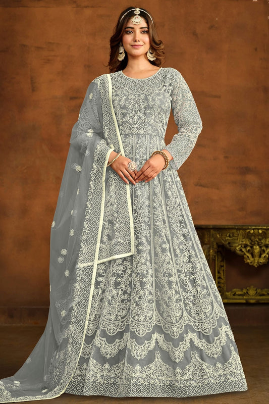 Grey Colour Semi Stitched Net Anarkali Suit SM1050444