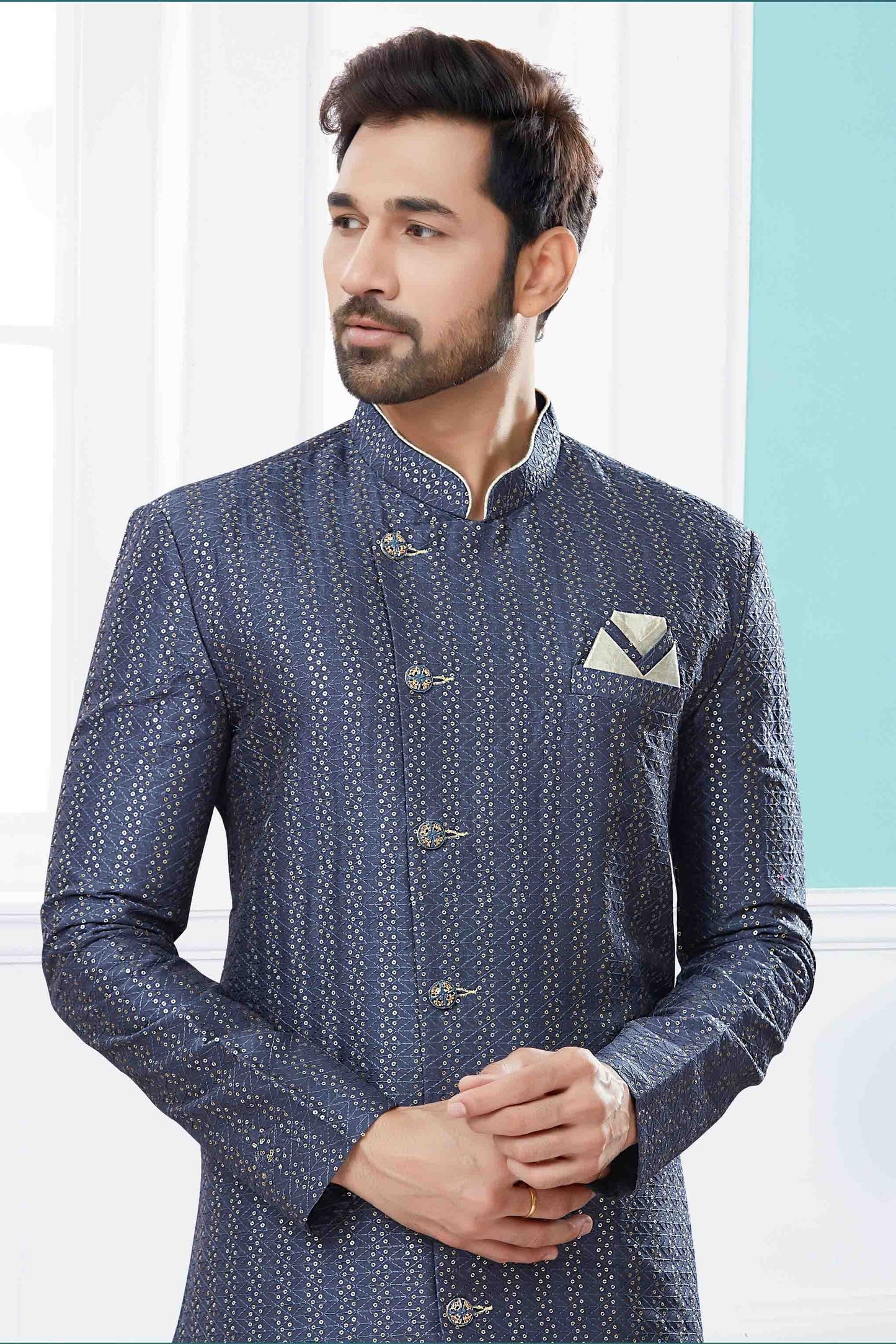 Grey Colour Sherwani In Jacquard Fabric SH1040417 A