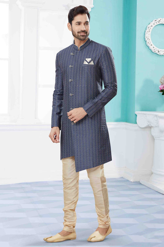 Grey Colour Sherwani In Jacquard Fabric SH1040417