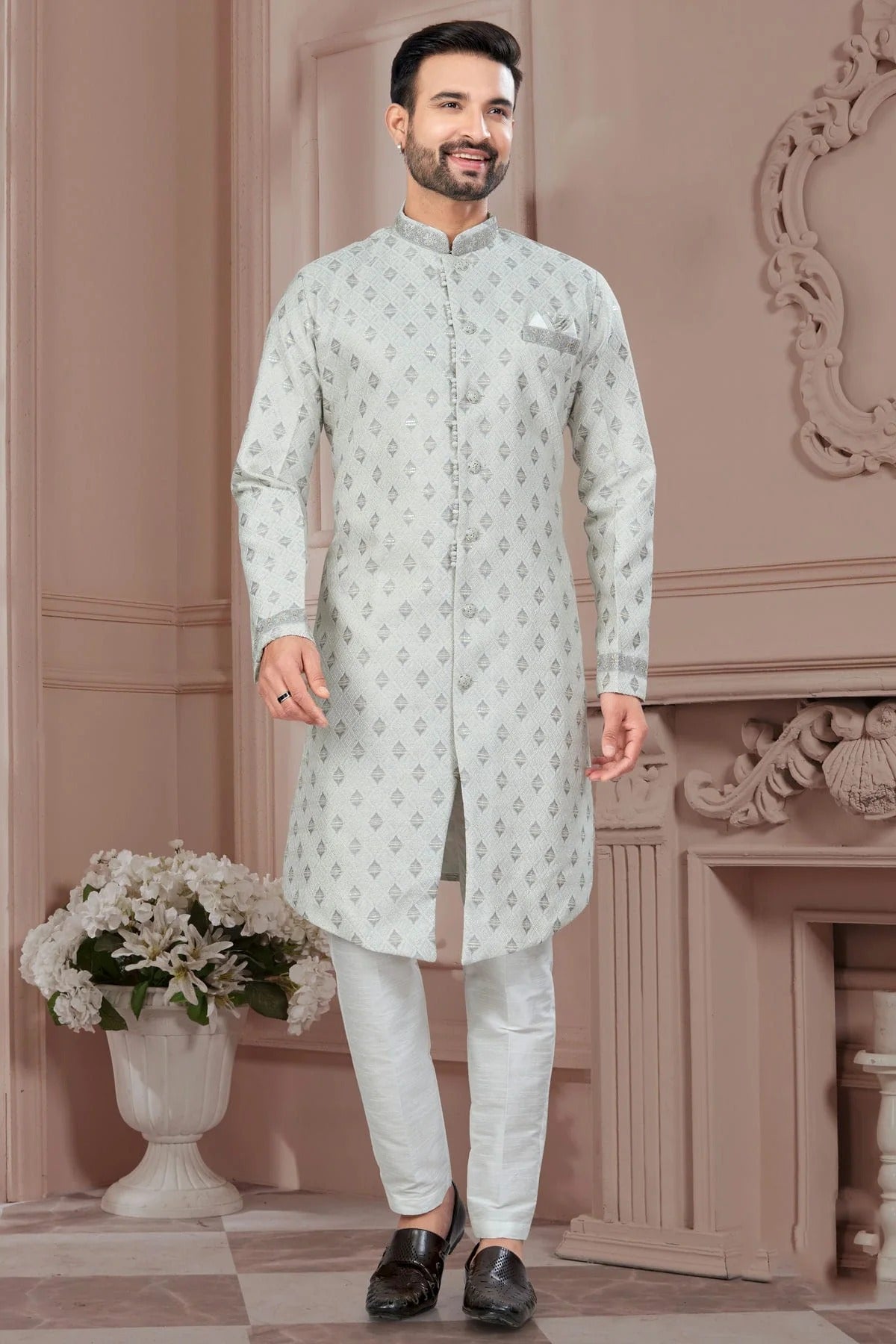 Grey Colour Silk Dupion Sherwani SH1040591