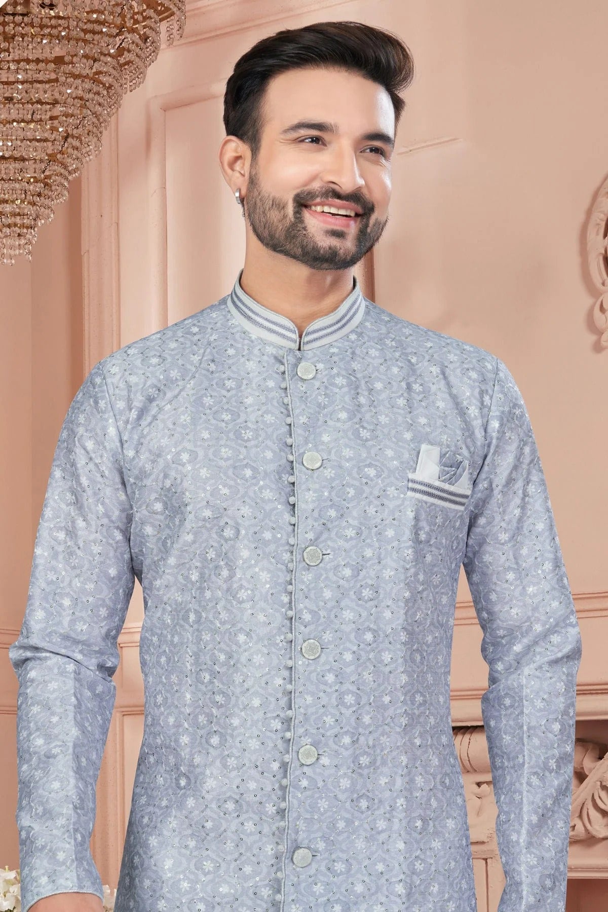 Grey Colour Silk Dupion Sherwani SH1040595 A