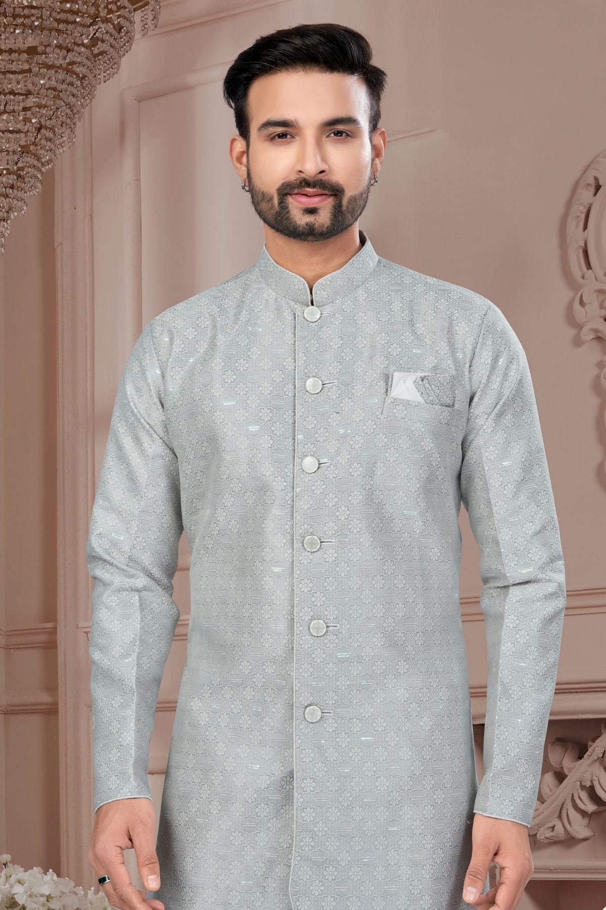 Grey Colour Silk Dupion Sherwani SH1040601 A