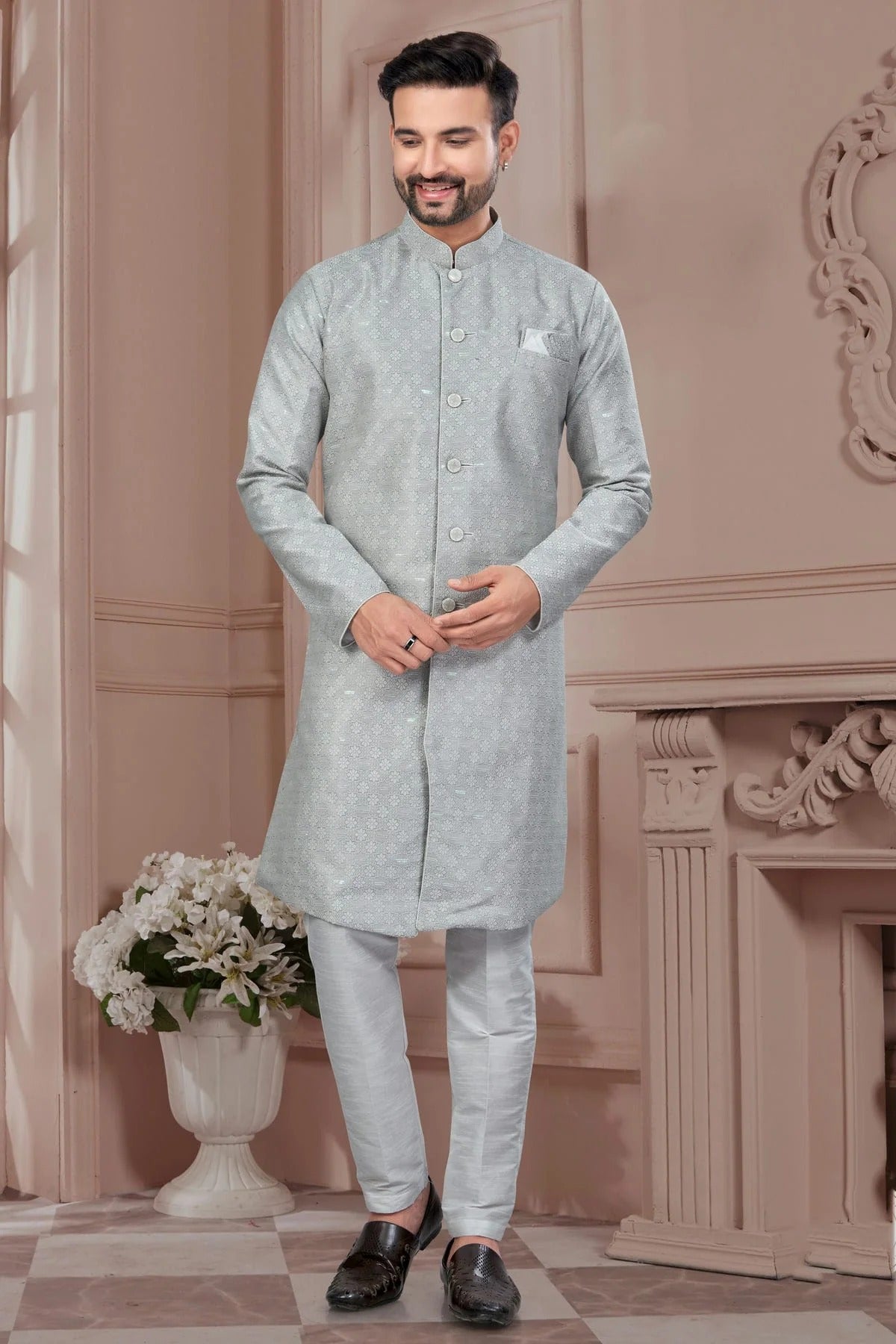 Grey Colour Silk Dupion Sherwani SH1040601