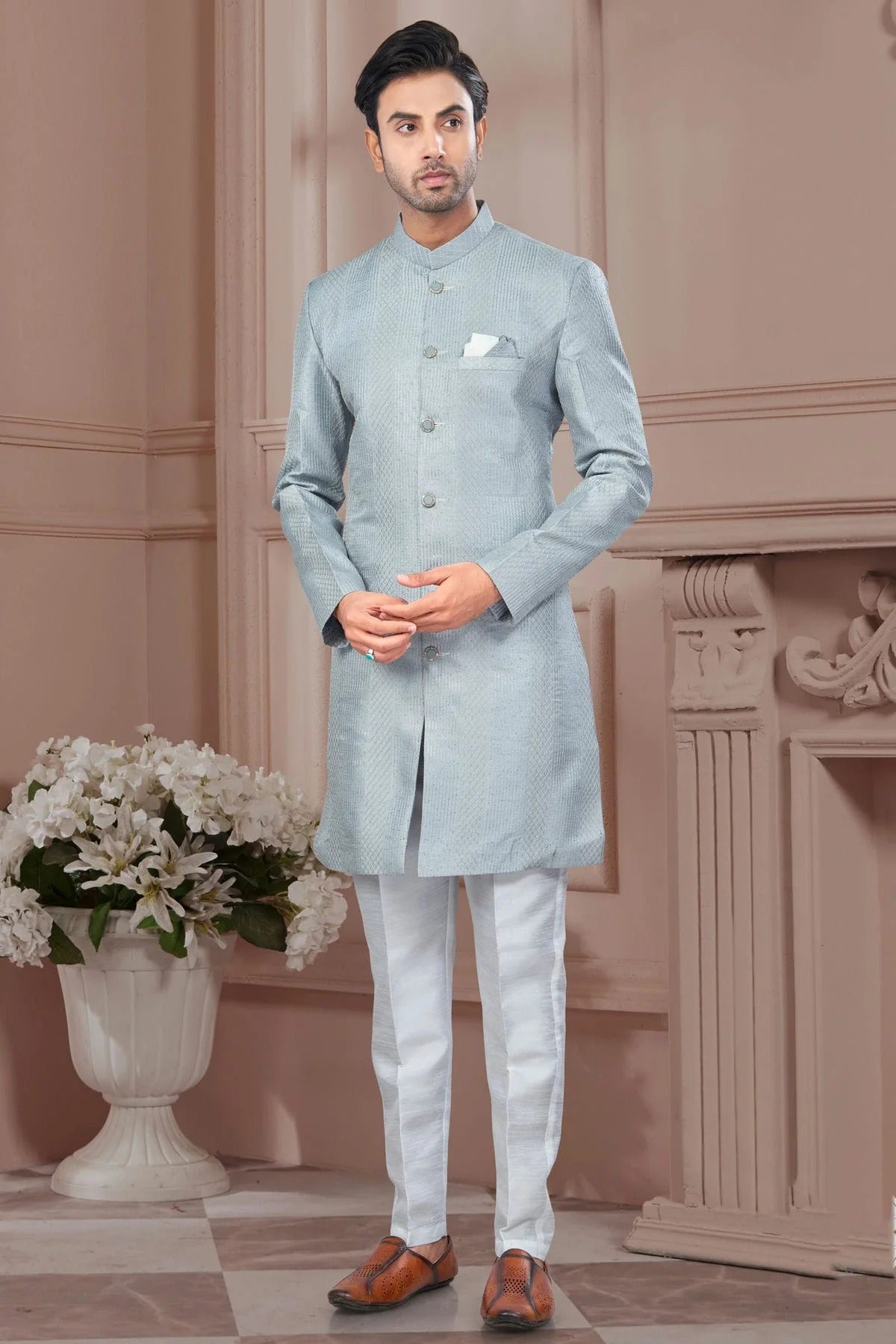 Grey Colour Silk Dupion Sherwani SH1040613