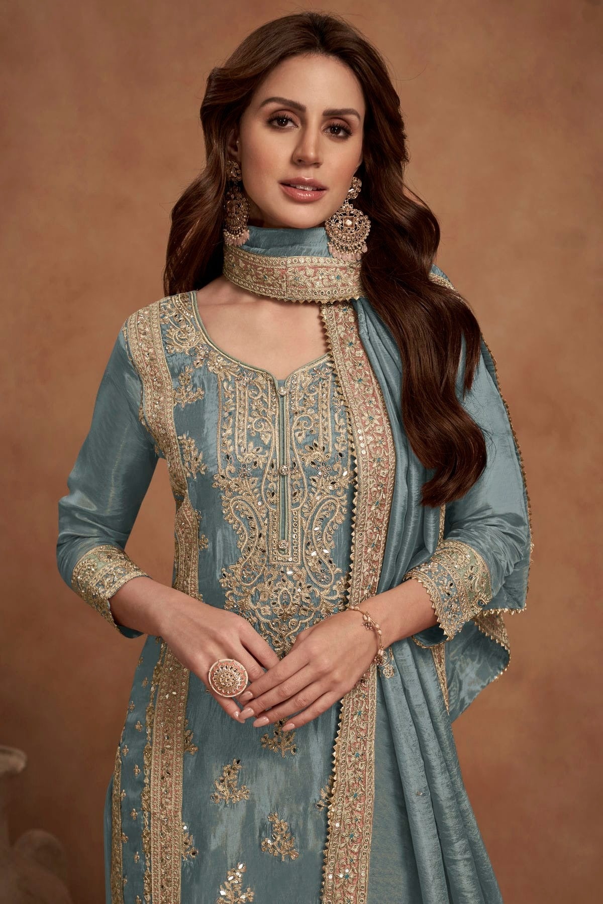 Grey Colour Simar Silk Palazzo Pant Suit SM1140565 A