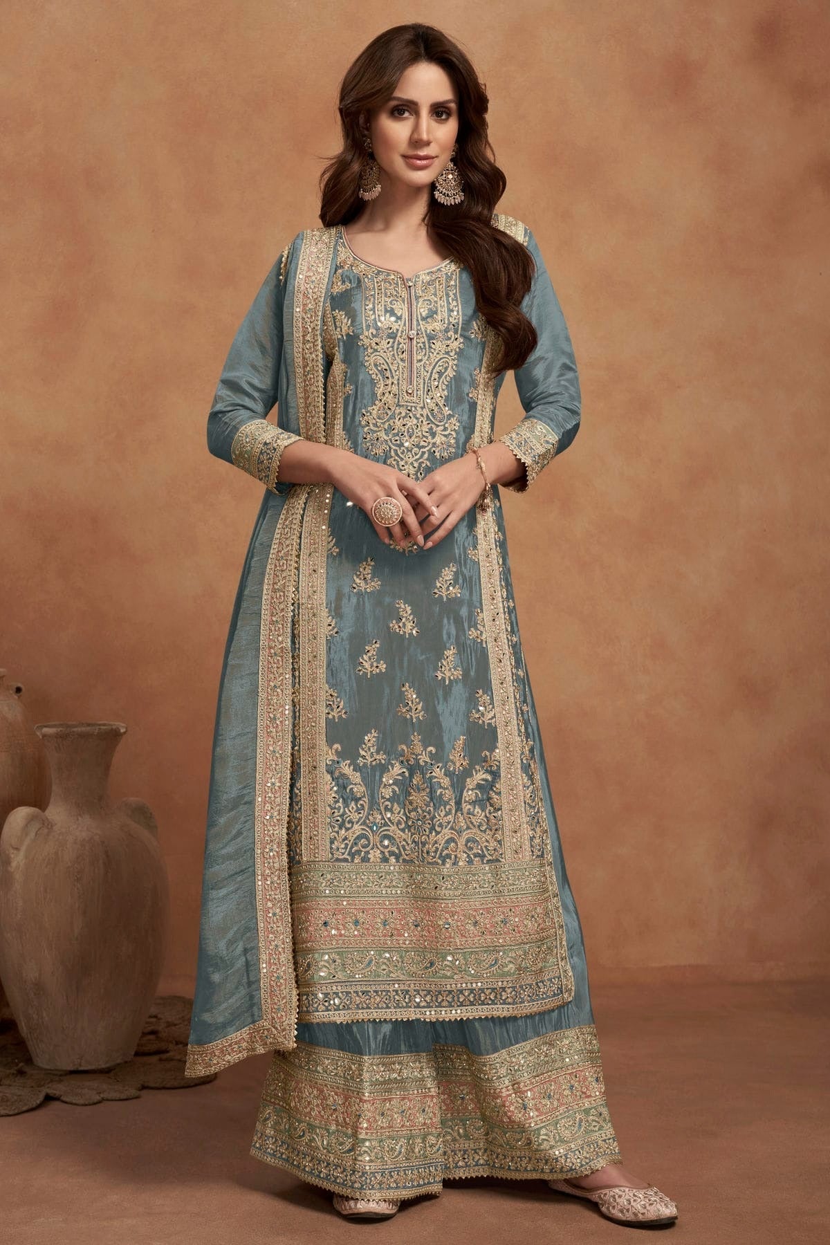 Grey Colour Simar Silk Palazzo Pant Suit SM1140565