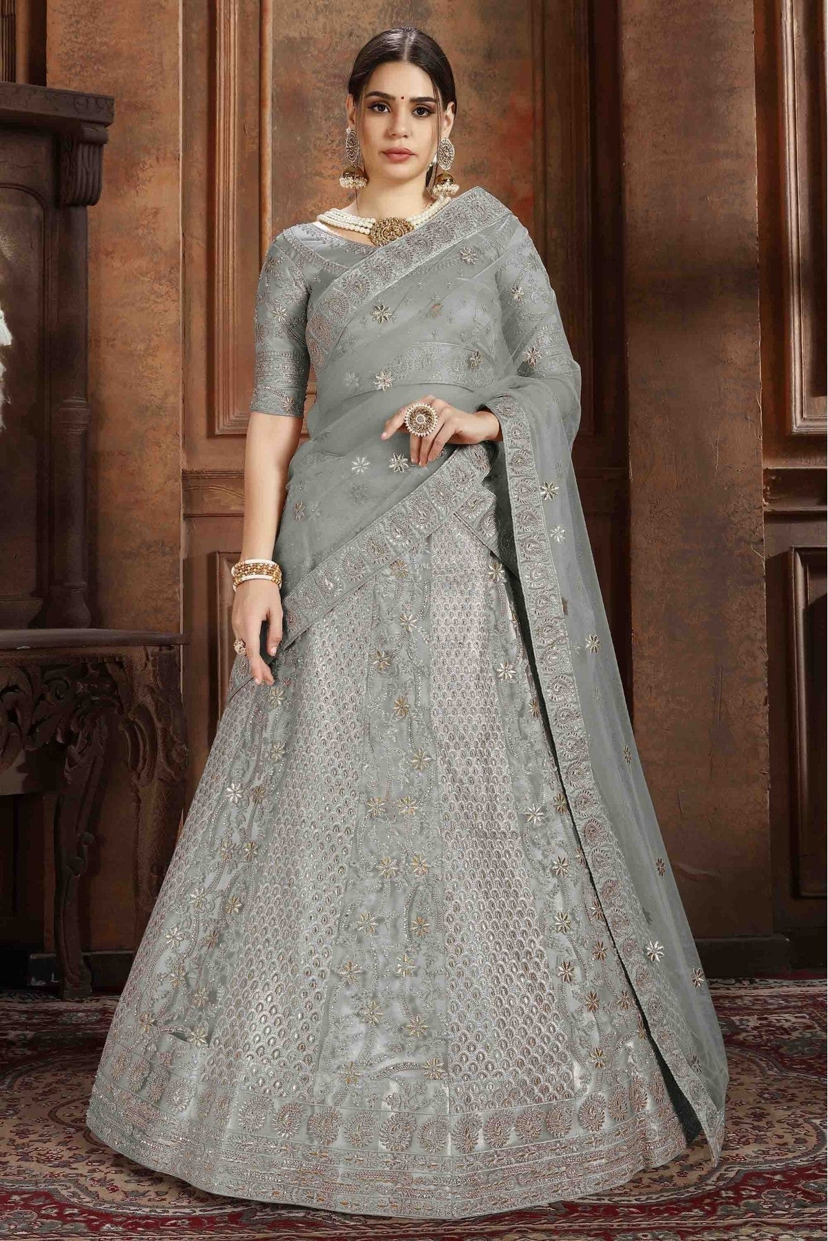 Grey Colour Soft Net Embroidery Lehenga Choli LC1080074