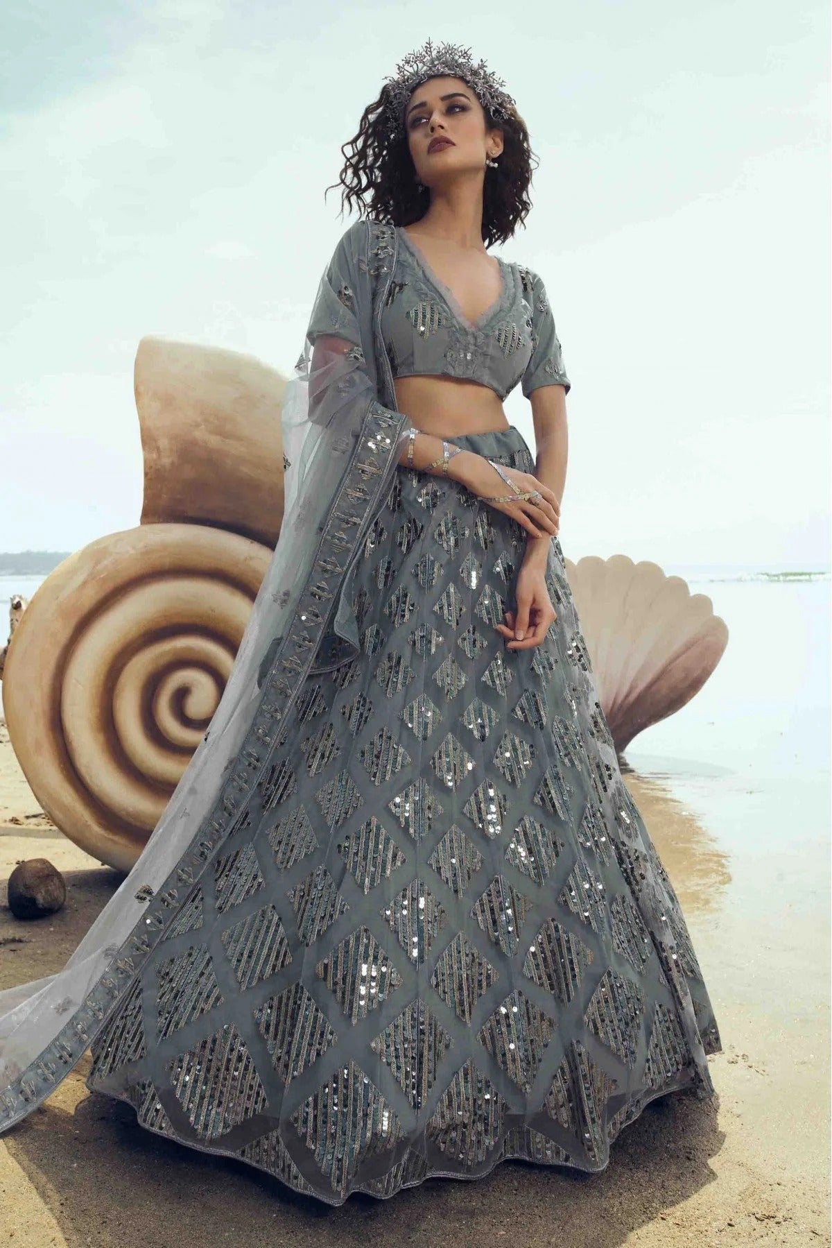 Grey Colour Soft Net Embroidery Lehenga Choli LC1080391
