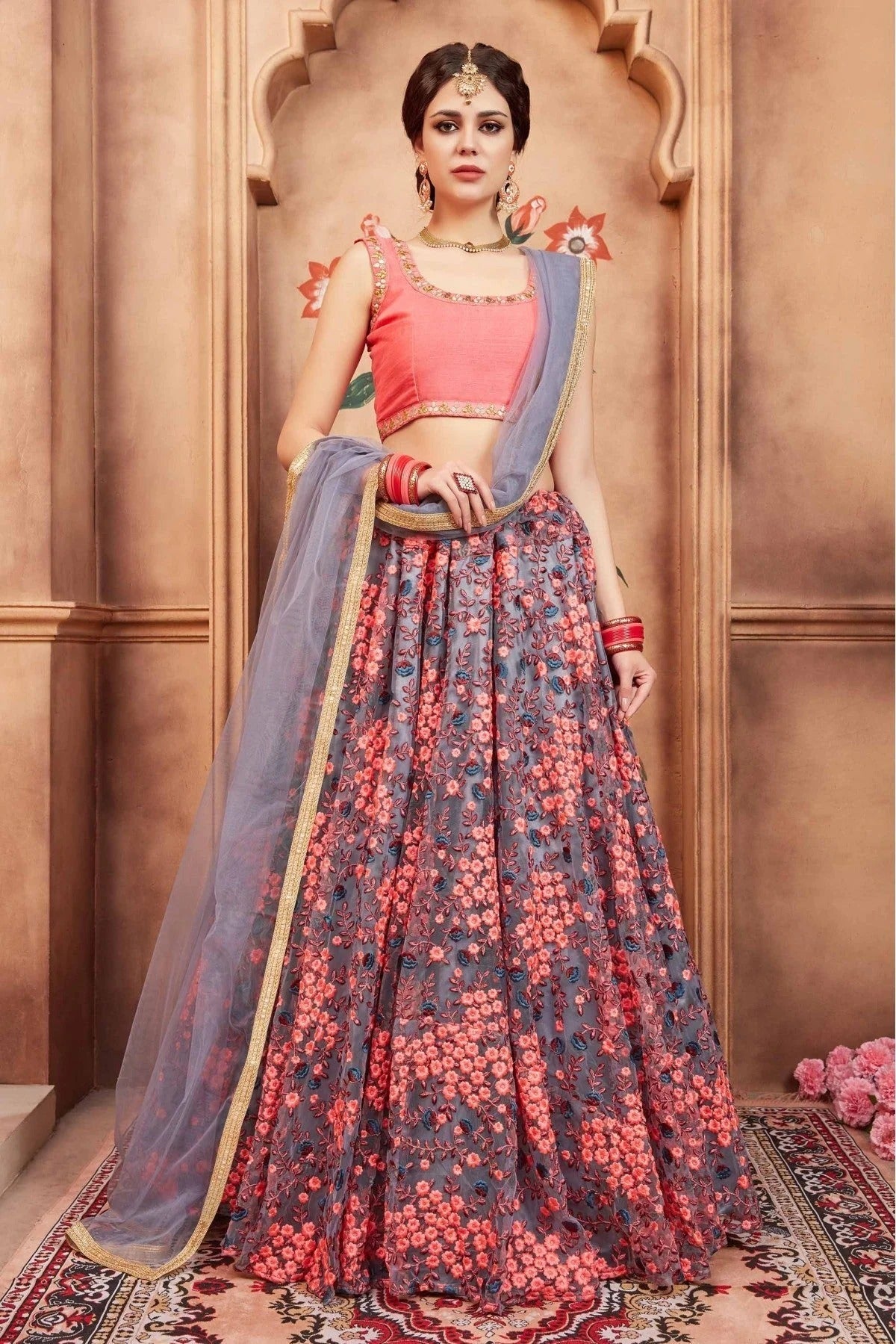 Grey Colour Soft Net Thread Work Lehenga Choli LC1080439