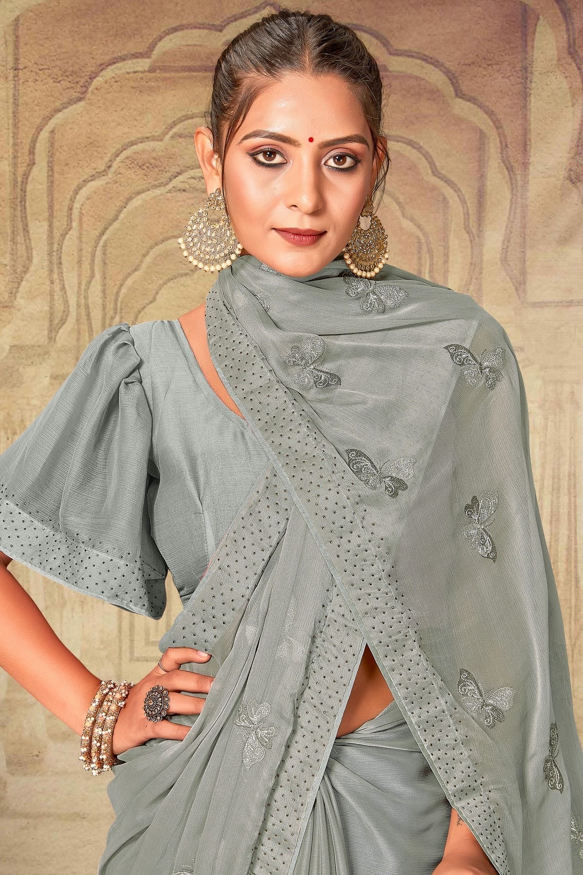 Grey Colour Soft Silk Chiffon Designer Saree LC1121528 A