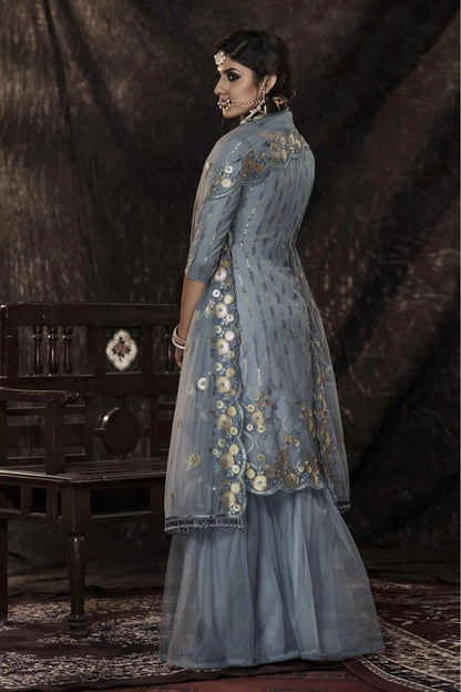 Grey Colour Stitched Soft Net Sequins Work Sharara Suit SM1080666 A