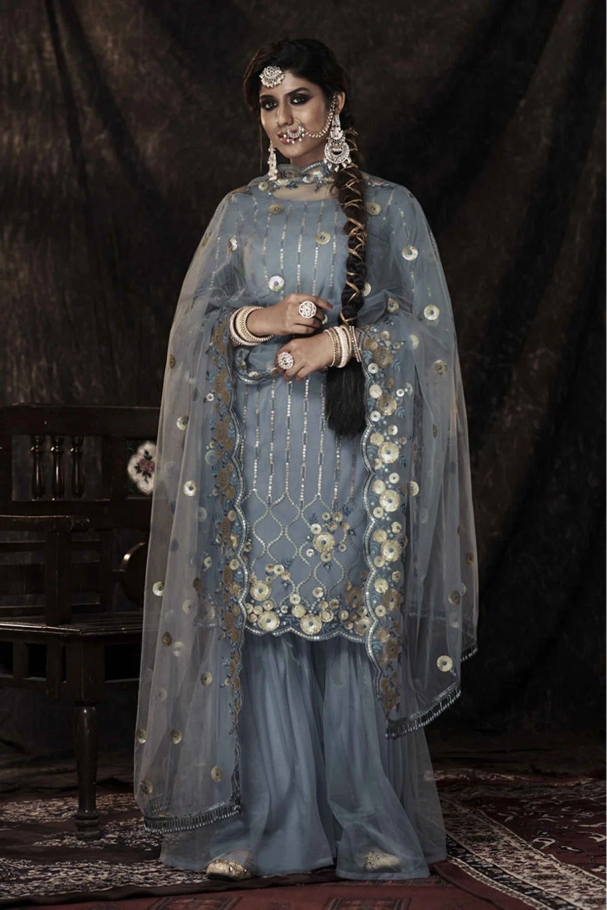 Grey Colour Stitched Soft Net Sequins Work Sharara Suit SM1080666