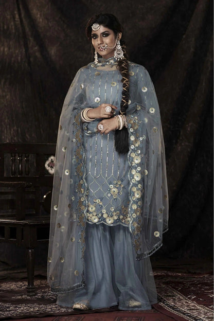 Grey Colour Stitched Soft Net Sequins Work Sharara Suit SM1080666