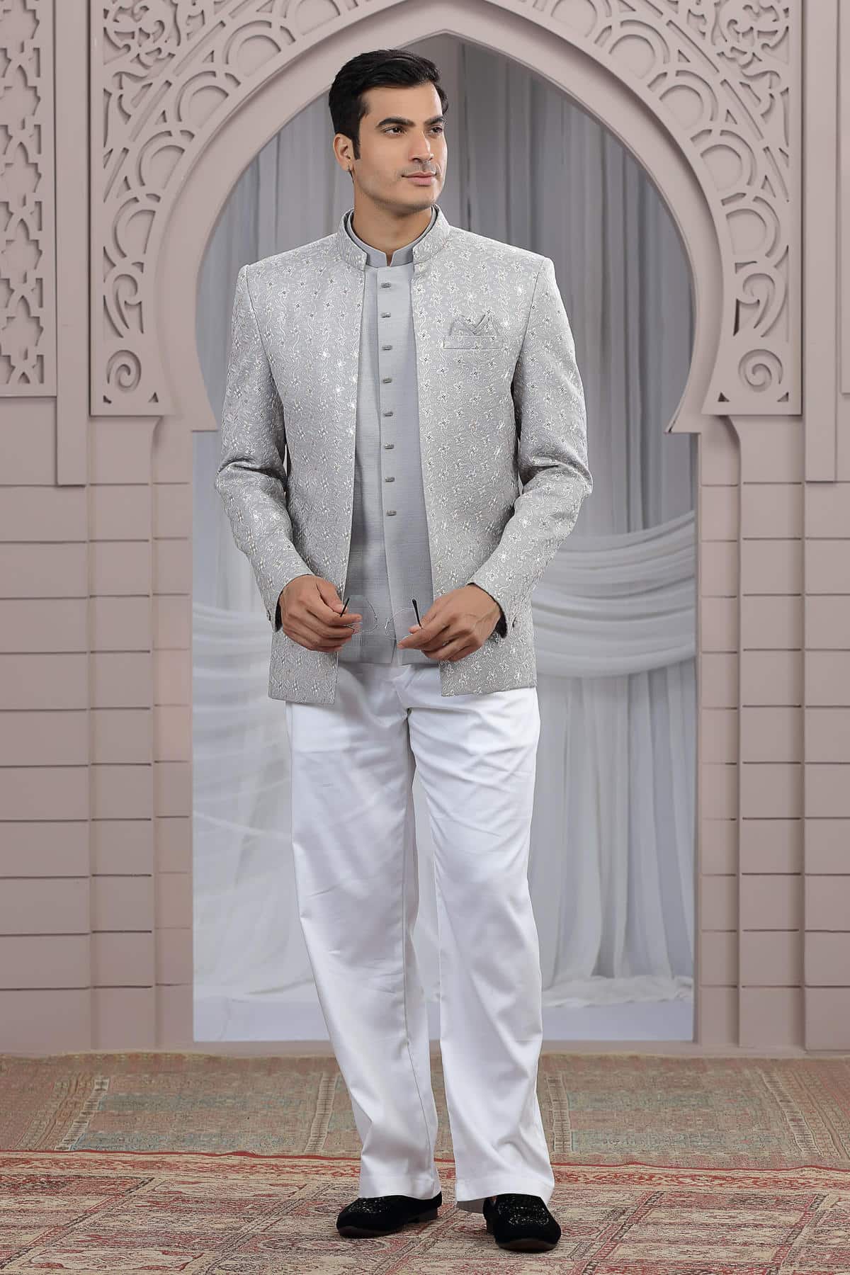 Grey Colour Thread Work Embroidery Art Silk 3 Pcs Jacket Jodhpuri