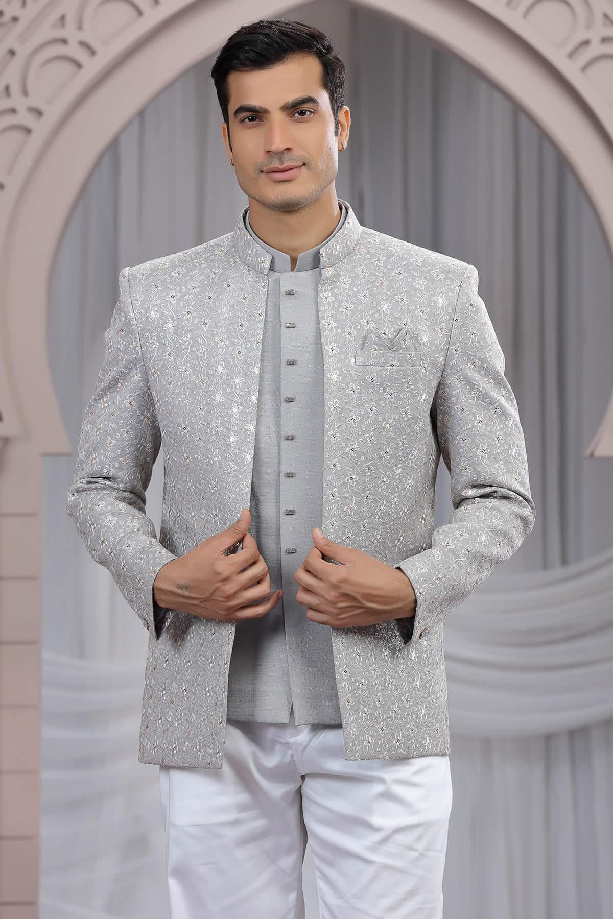 Grey Colour Thread Work Embroidery Art Silk 3 Pcs Jacket Jodhpuri