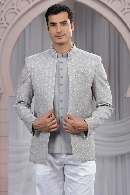 Grey Colour Thread Work Embroidery Art Silk 3 Pcs Jacket Jodhpuri
