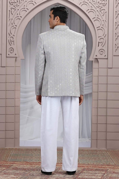 Grey Colour Thread Work Embroidery Art Silk 3 Pcs Jacket Jodhpuri