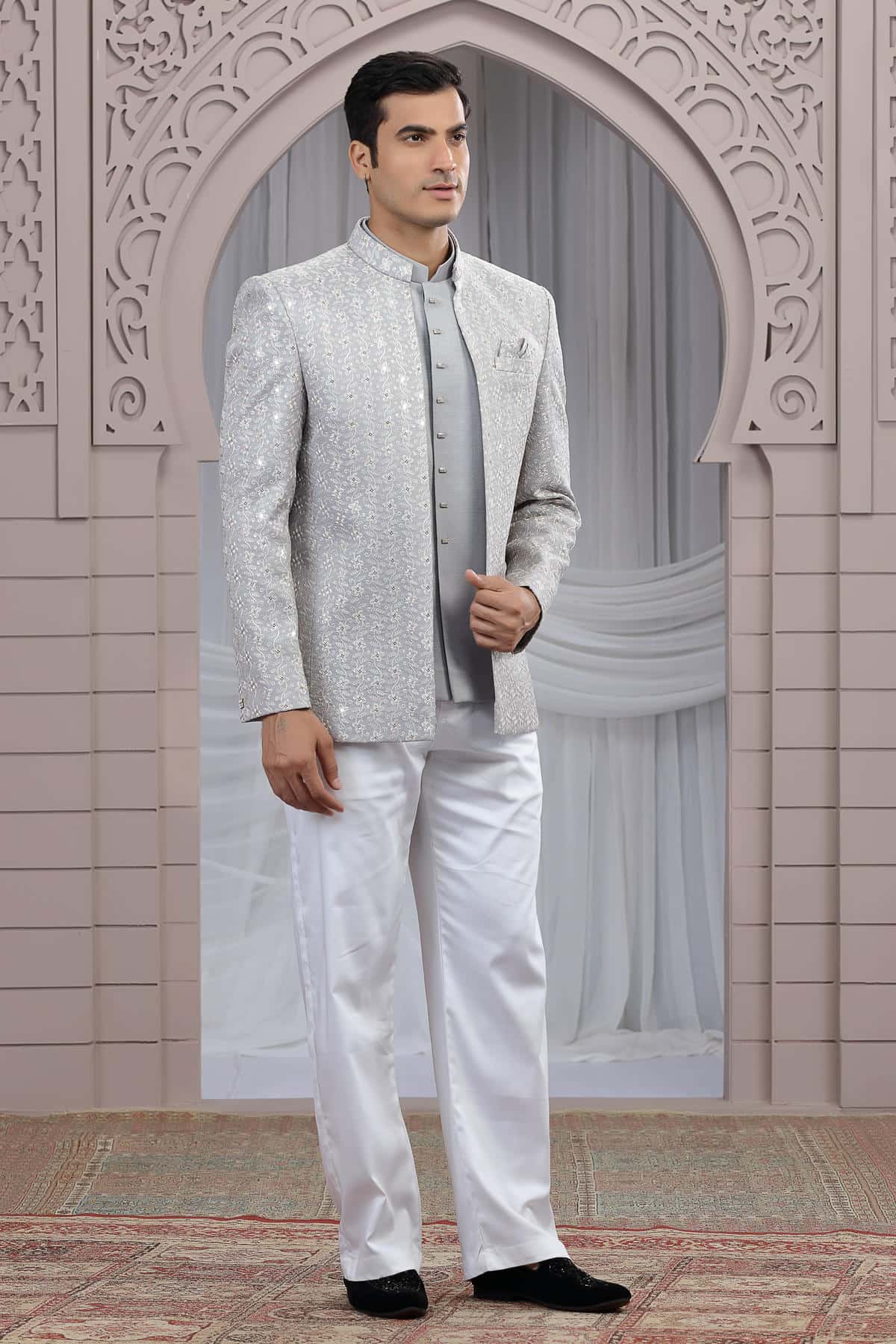 Grey Colour Thread Work Embroidery Art Silk 3 Pcs Jacket Jodhpuri