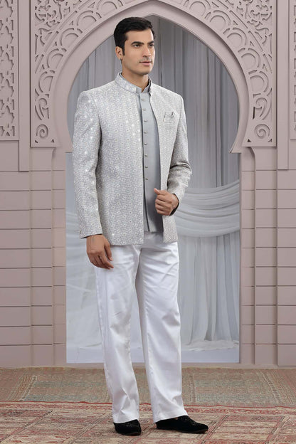 Grey Colour Thread Work Embroidery Art Silk 3 Pcs Jacket Jodhpuri
