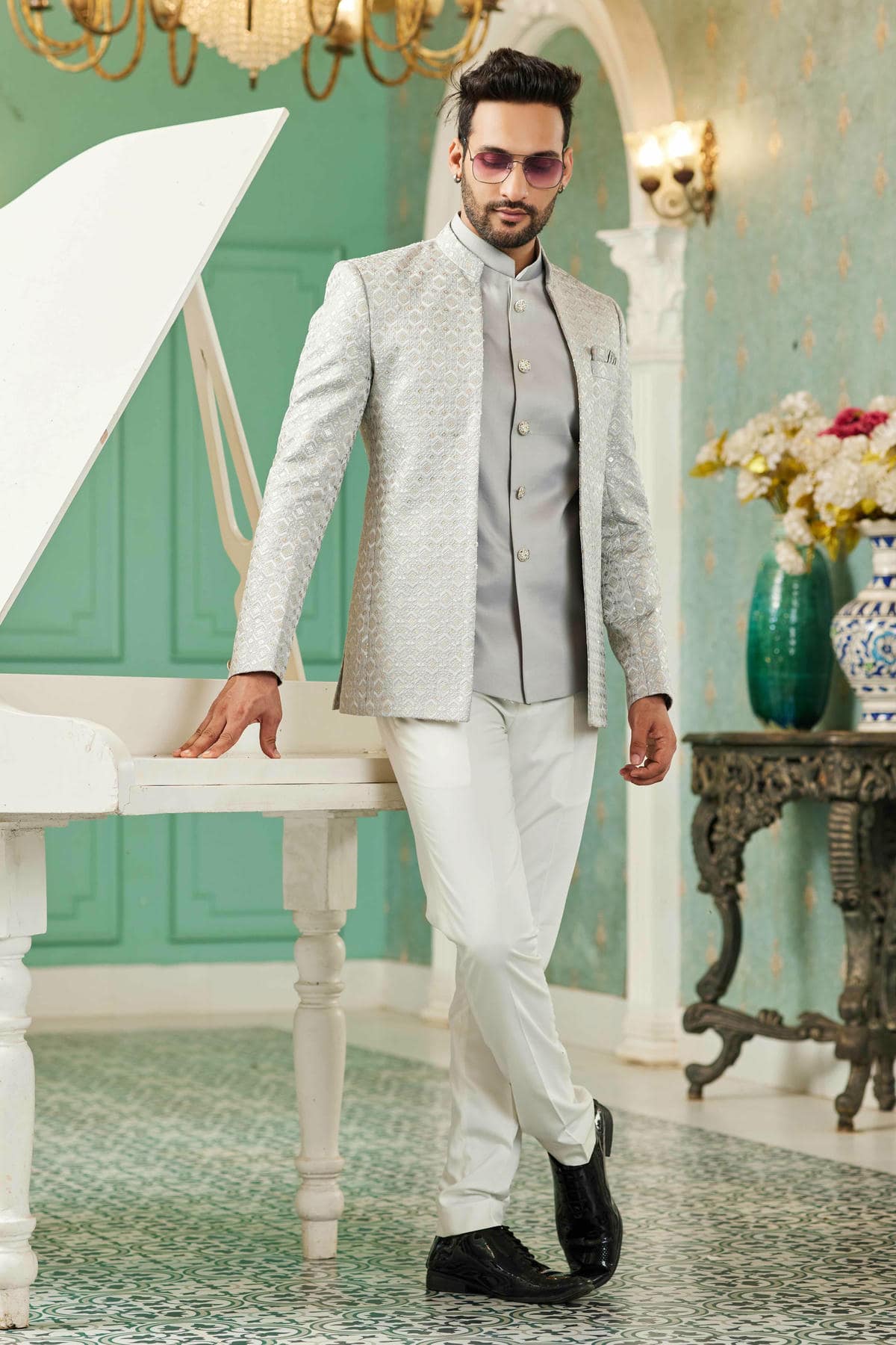 Grey Colour Thread Work Embroidery Art Silk 3 Pcs Jodhpuri Set JP1230624