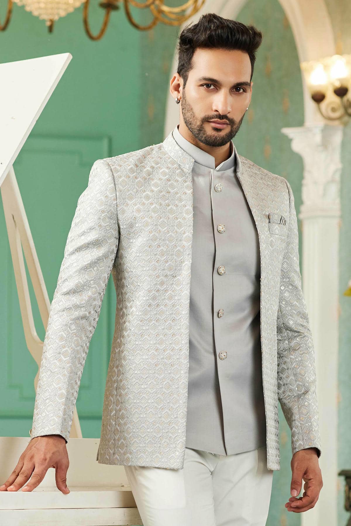 Grey Colour Thread Work Embroidery Art Silk 3 Pcs Jodhpuri Set JP1230624