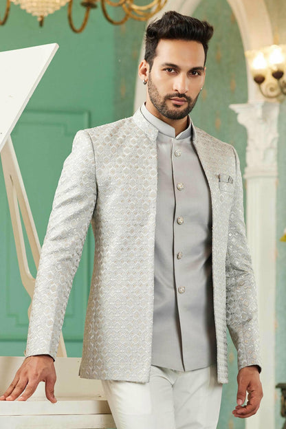 Grey Colour Thread Work Embroidery Art Silk 3 Pcs Jodhpuri Set JP1230624