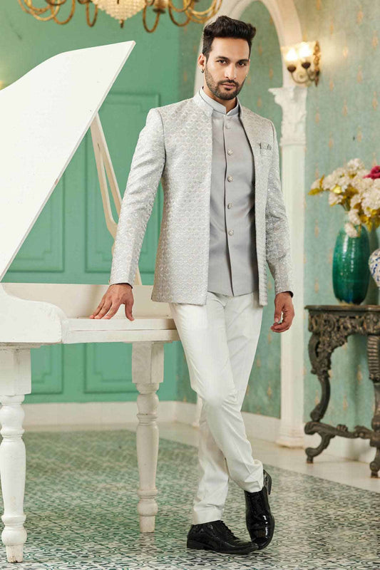 Grey Colour Thread Work Embroidery Art Silk 3 Pcs Jodhpuri Set JP1230624