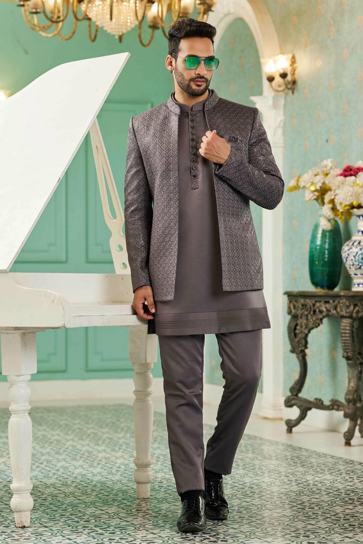 Grey Colour Thread Work Embroidery Art Silk 3 Pcs Jodhpuri Set JP1230630
