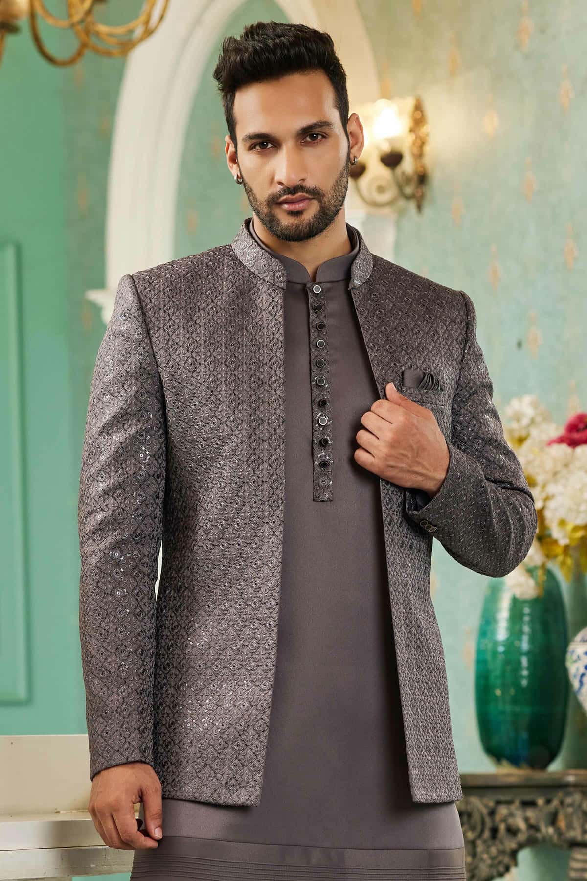 Grey Colour Thread Work Embroidery Art Silk 3 Pcs Jodhpuri Set JP1230630