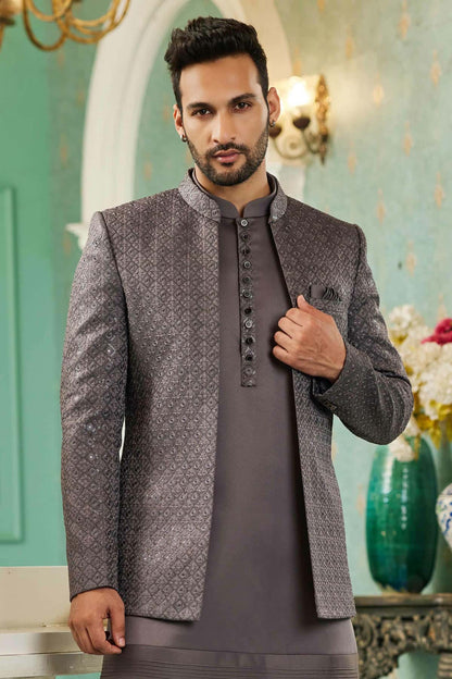 Grey Colour Thread Work Embroidery Art Silk 3 Pcs Jodhpuri Set JP1230630