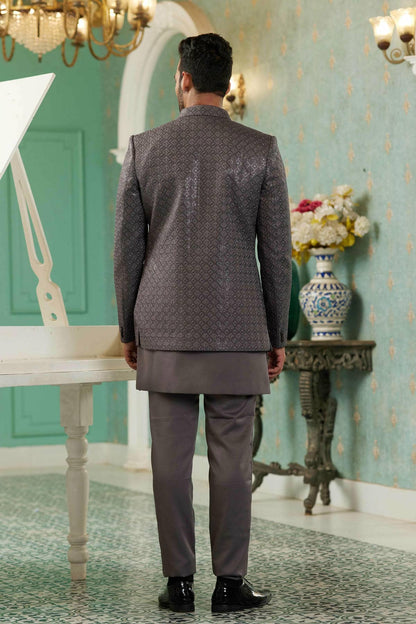 Grey Colour Thread Work Embroidery Art Silk 3 Pcs Jodhpuri Set JP1230630