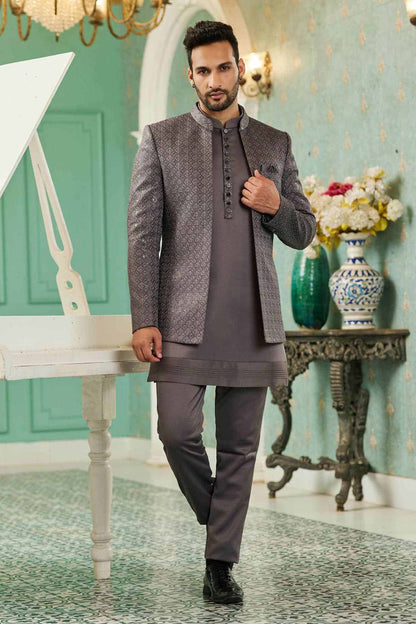 Grey Colour Thread Work Embroidery Art Silk 3 Pcs Jodhpuri Set JP1230630