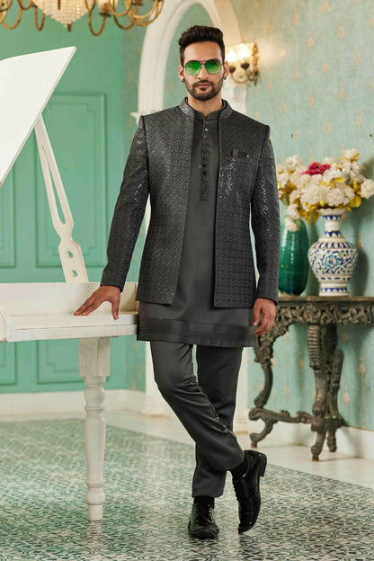 Grey Colour Thread Work Embroidery Art Silk 3 Pcs Jodhpuri Set JP1230631