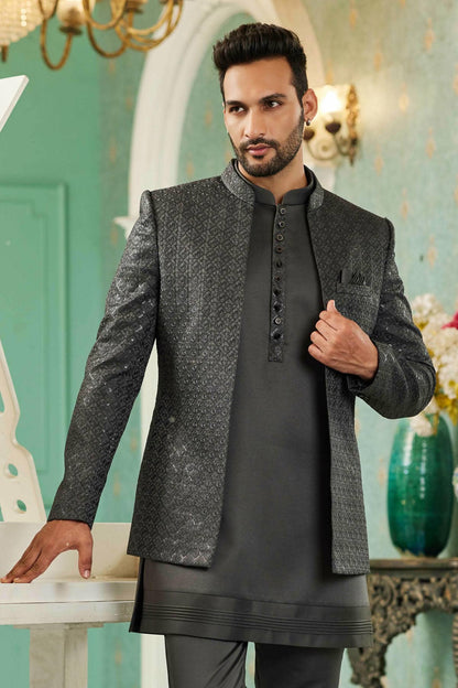 Grey Colour Thread Work Embroidery Art Silk 3 Pcs Jodhpuri Set JP1230631