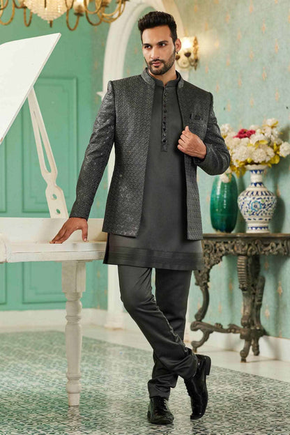Grey Colour Thread Work Embroidery Art Silk 3 Pcs Jodhpuri Set JP1230631