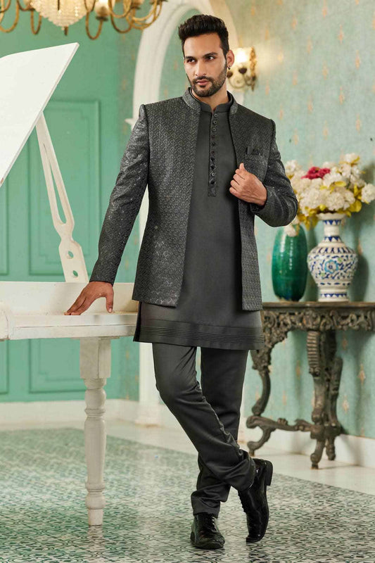 Grey Colour Thread Work Embroidery Art Silk 3 Pcs Jodhpuri Set JP1230631