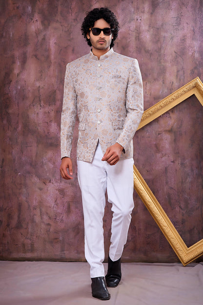 Grey Colour Thread Work Embroidery Imported Fabric Jodhpuri