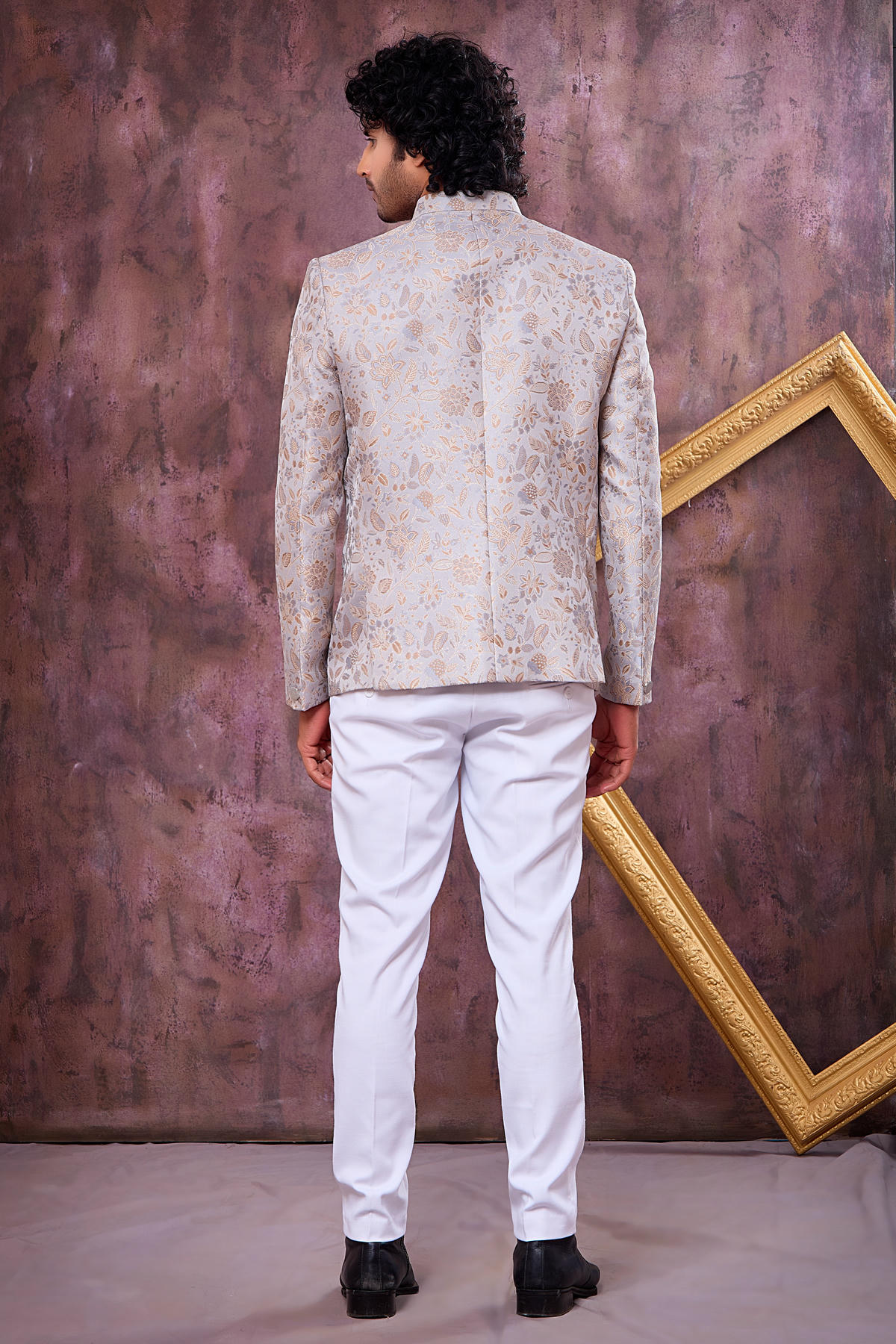 Grey Colour Thread Work Embroidery Imported Fabric Jodhpuri