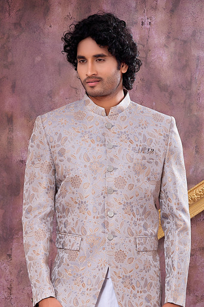 Grey Colour Thread Work Embroidery Imported Fabric Jodhpuri