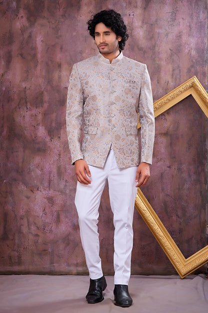 Grey Colour Thread Work Embroidery Imported Fabric Jodhpuri