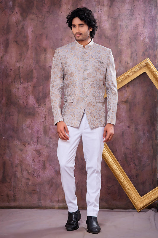 Grey Colour Thread Work Embroidery Imported Fabric Jodhpuri