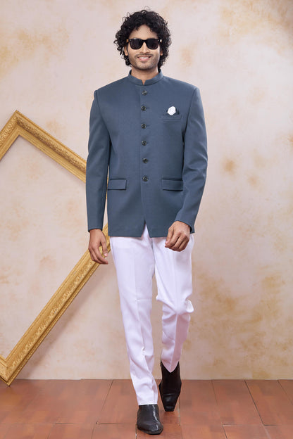 Grey Colour Thread Work Embroidery Imported Fabric Jodhpuri