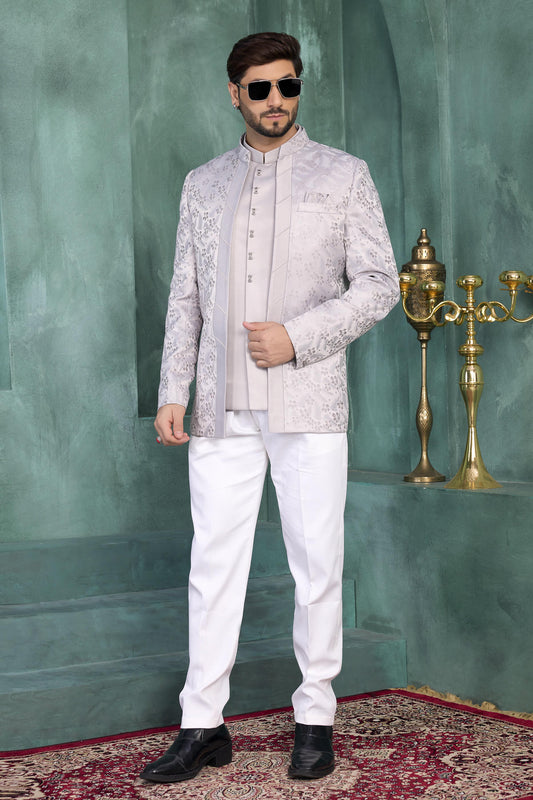 Grey Colour Thread Work Embroidery Jacquard Silk Jodhpuri