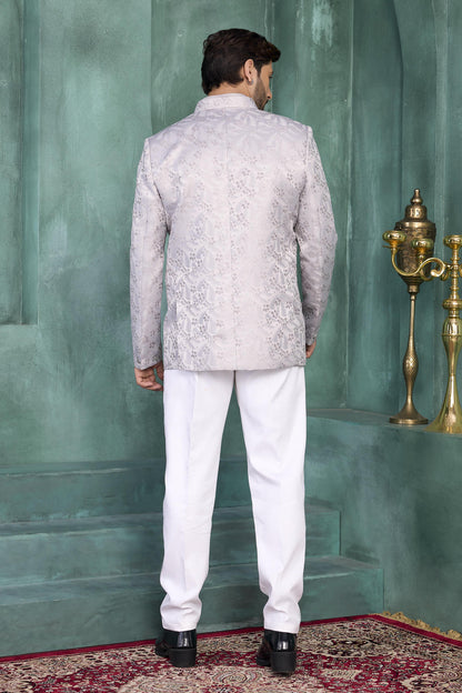 Grey Colour Thread Work Embroidery Jacquard Silk Jodhpuri