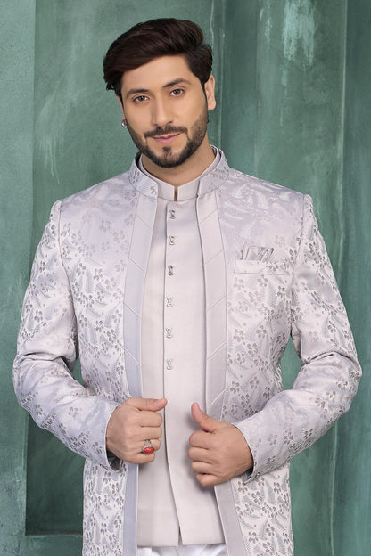 Grey Colour Thread Work Embroidery Jacquard Silk Jodhpuri