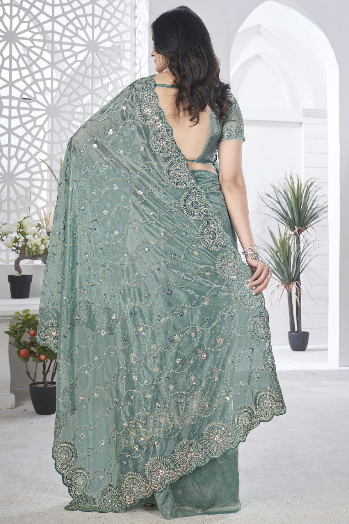Grey Colour Tissue Net Designer Saree SD1112586 A