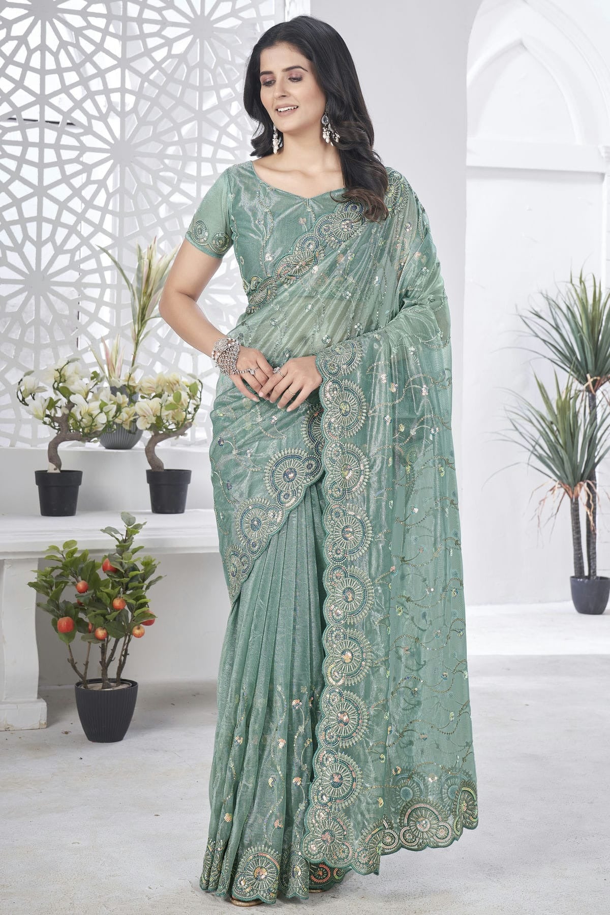Grey Colour Tissue Net Designer Saree SD1112586