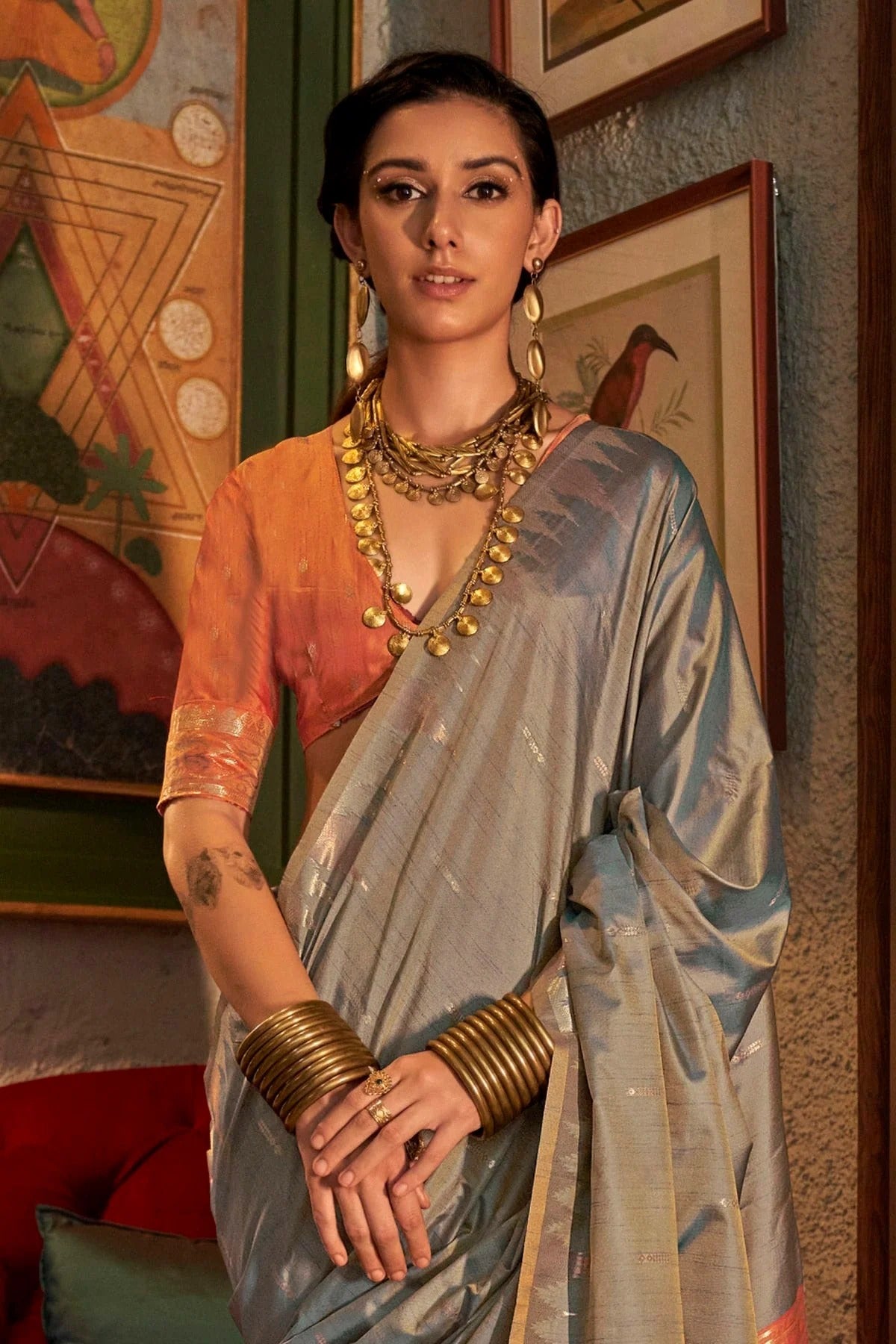 Grey Colour Tussar Silk Woven Work Saree SD1290001 A